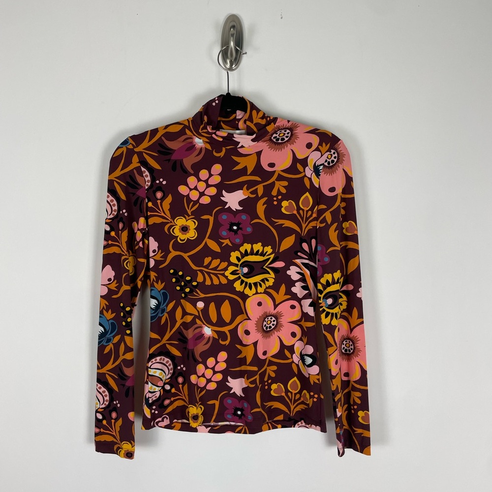 La DoubleJ Brown Multicolor Floral Turtleneck Top Size Medium Women Stretch